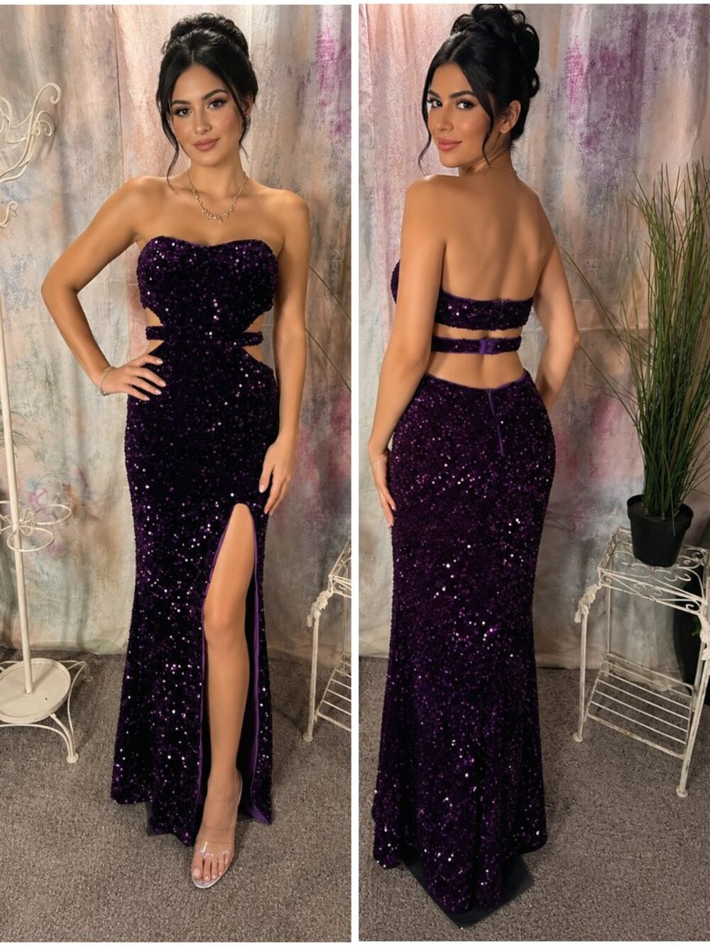 📌Sexy Strapless Side & Back Cutout Long Slit Sequin Homecoming - Ball Dress